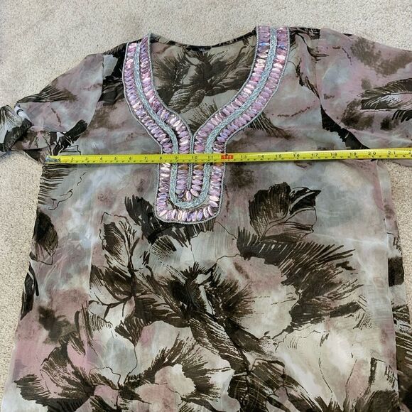 Premise brown pink sheer chiffon gem jewelled beach coverup blouse top Sz L 🔥 - Picture 8 of 10
